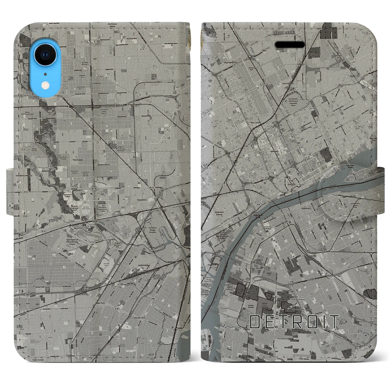 【デトロイト(アメリカ)】地図柄iPhoneケース(手帳タイプ)モノトーン・iPhone XR 用