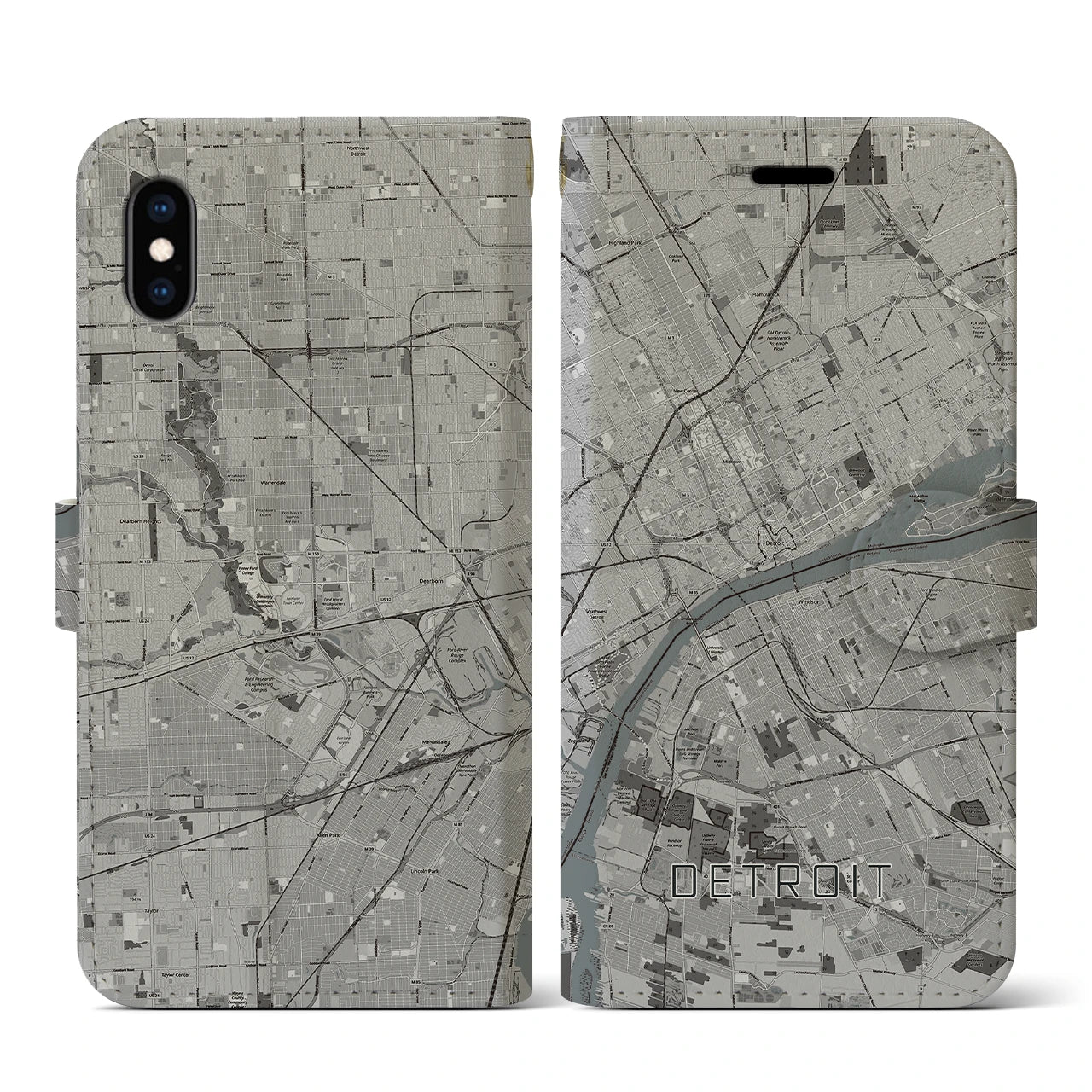 【デトロイト(アメリカ)】地図柄iPhoneケース(手帳タイプ)モノトーン・iPhone XS / X 用