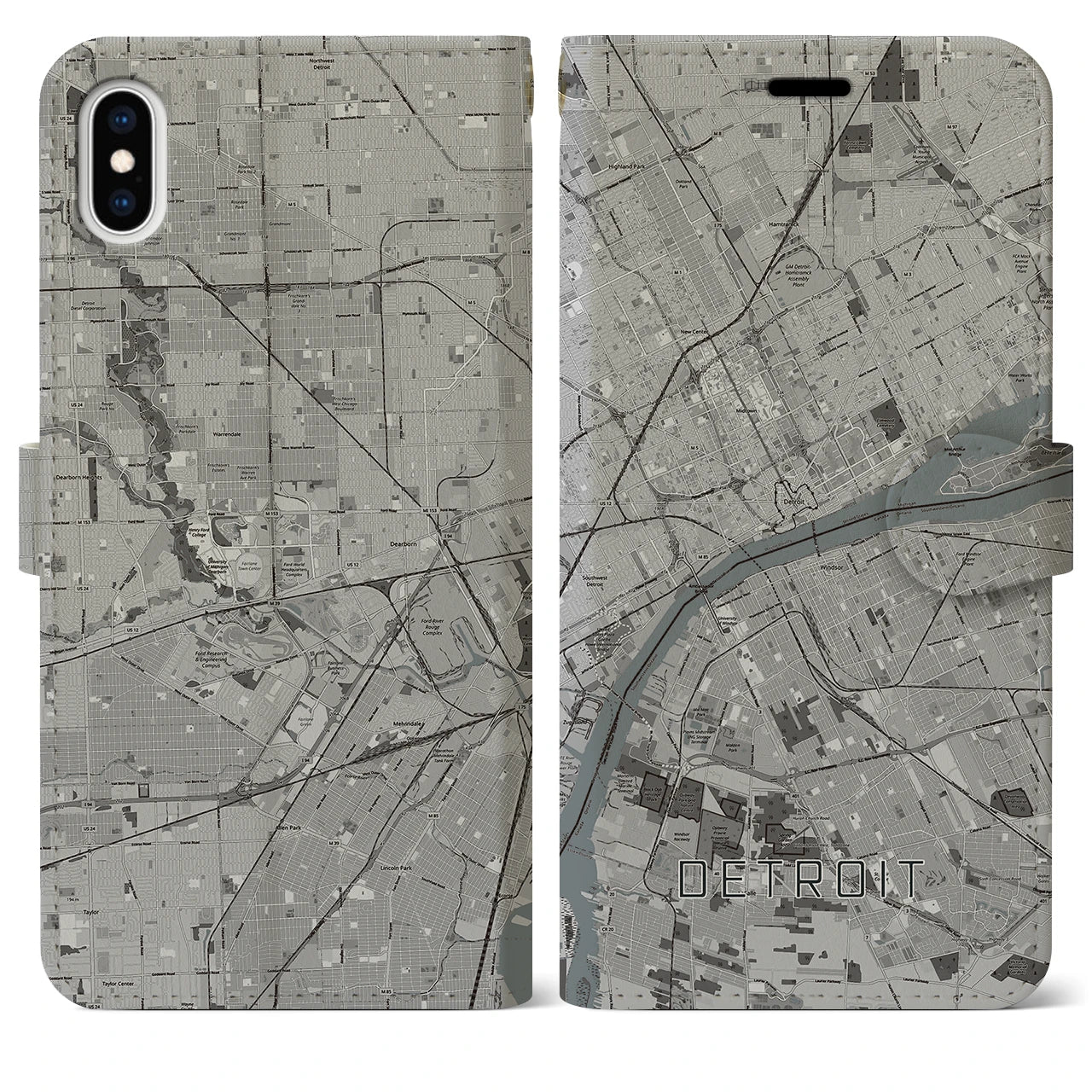【デトロイト(アメリカ)】地図柄iPhoneケース(手帳タイプ)モノトーン・iPhone XS Max 用
