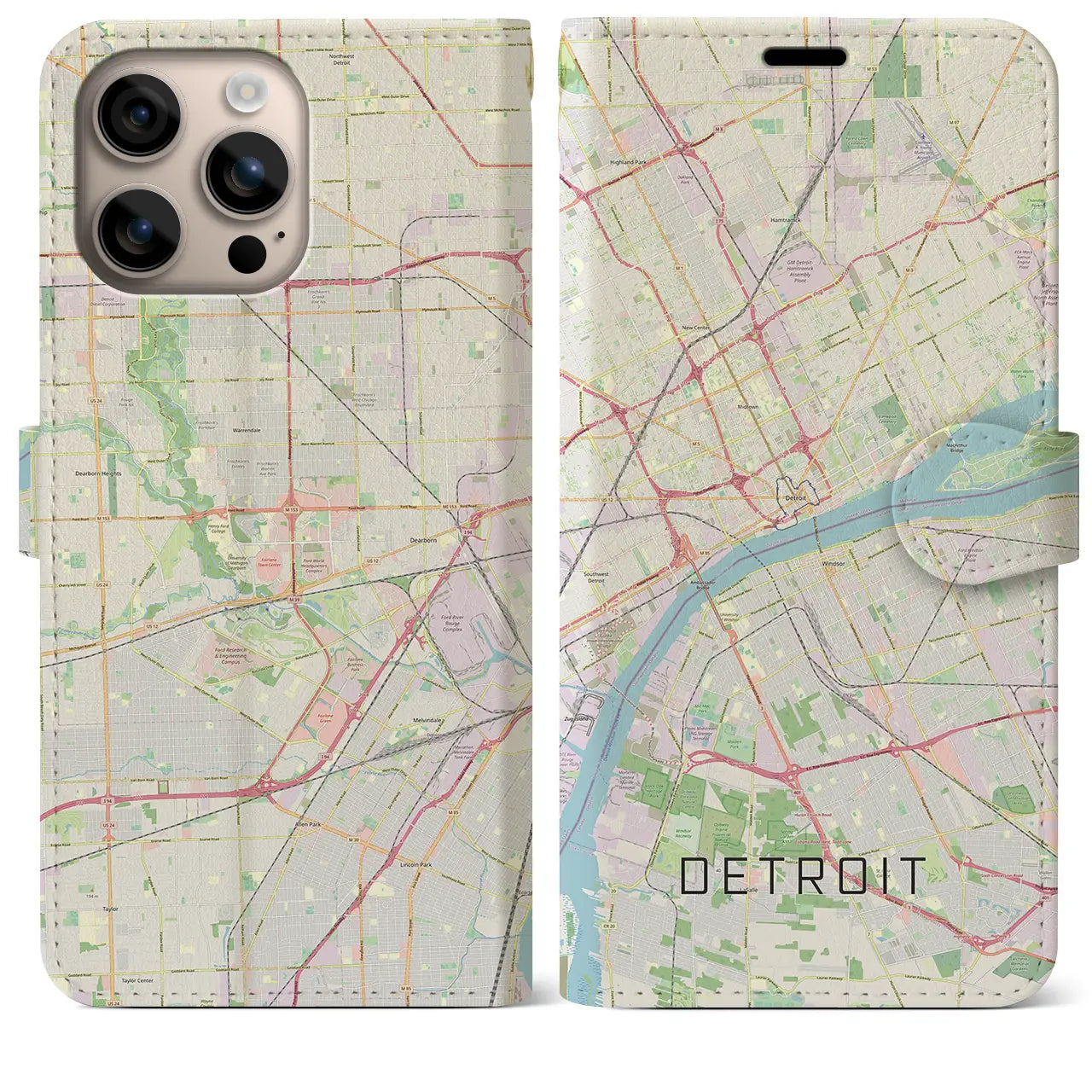 【デトロイト(アメリカ)】地図柄iPhoneケース(手帳タイプ)ナチュラル・iPhone 16 Plus 用