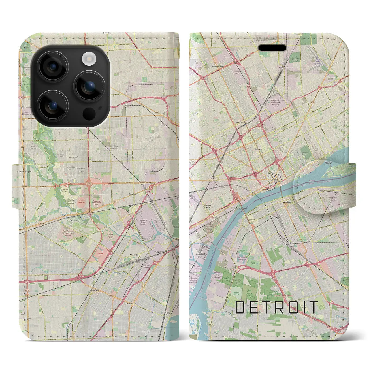 【デトロイト(アメリカ)】地図柄iPhoneケース(手帳タイプ)ナチュラル・iPhone 16 用