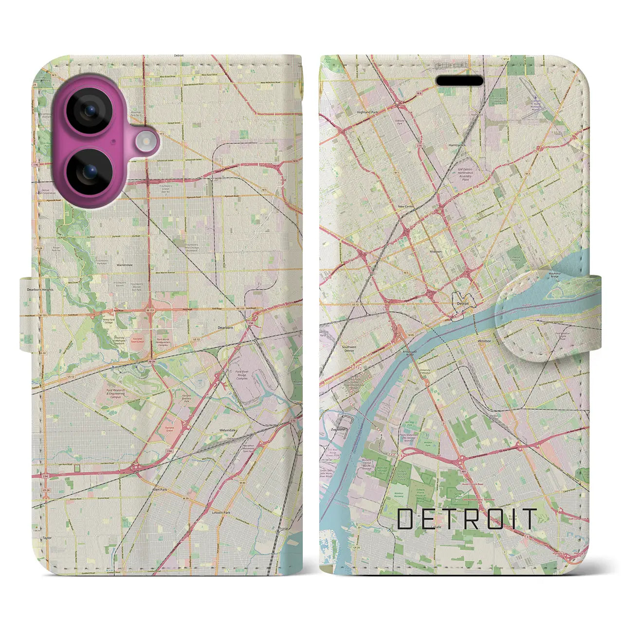 【デトロイト(アメリカ)】地図柄iPhoneケース(手帳タイプ)ナチュラル・iPhone 16 Pro 用