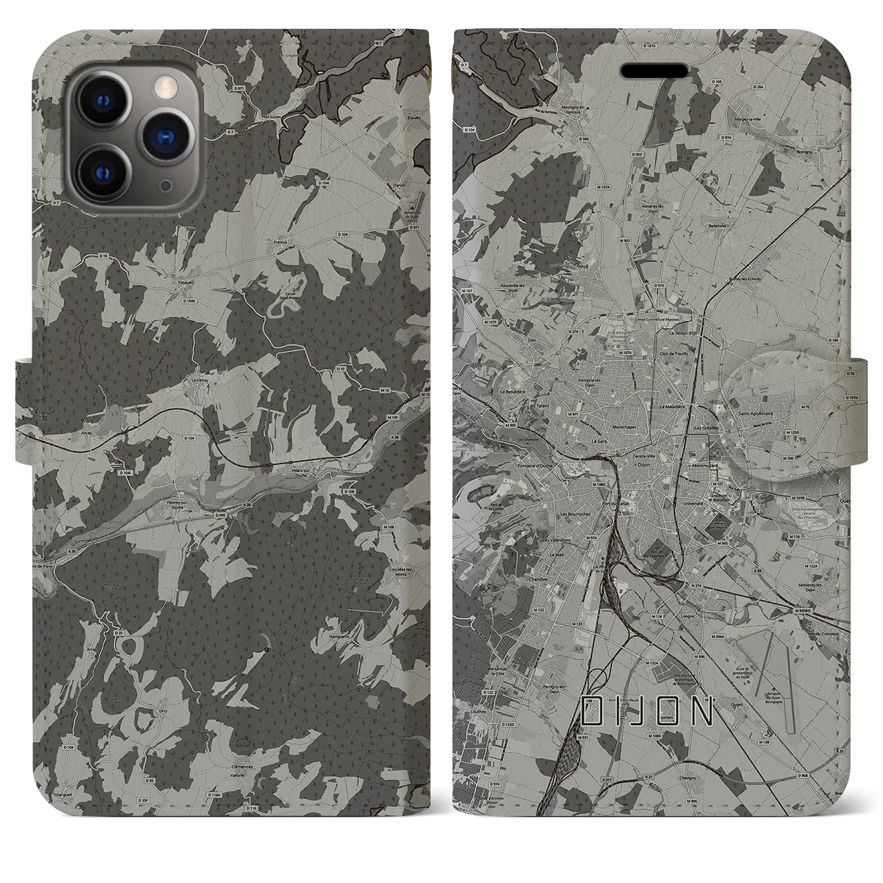 【ディジョン(フランス)】地図柄iPhoneケース(手帳タイプ)モノトーン・iPhone 11 Pro Max 用