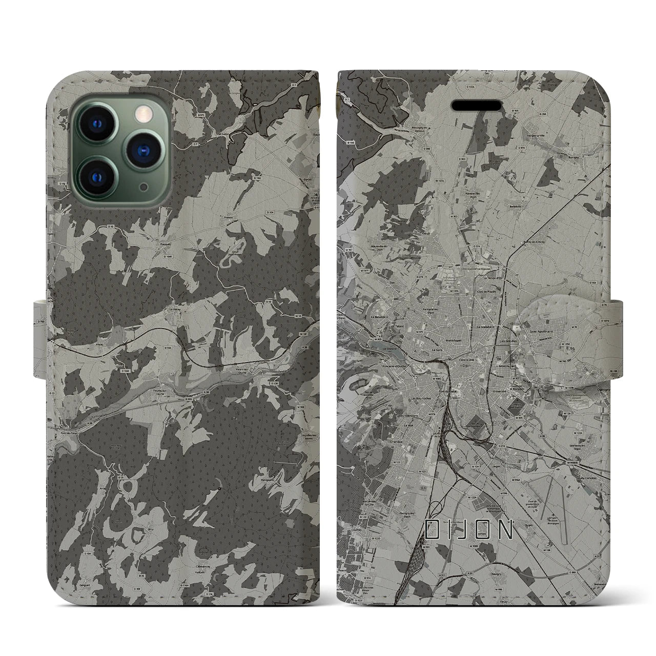 【ディジョン(フランス)】地図柄iPhoneケース(手帳タイプ)モノトーン・iPhone 11 Pro 用