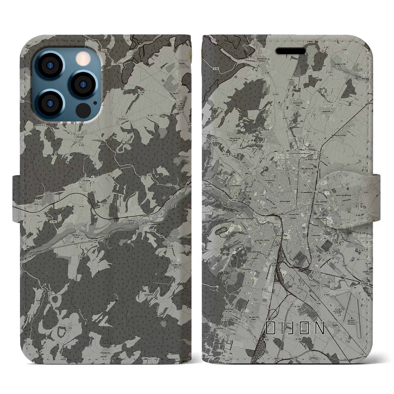 【ディジョン(フランス)】地図柄iPhoneケース(手帳タイプ)モノトーン・iPhone 12 / 12 Pro 用