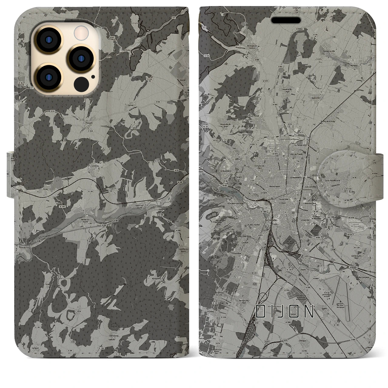 【ディジョン(フランス)】地図柄iPhoneケース(手帳タイプ)モノトーン・iPhone 12 Pro Max 用