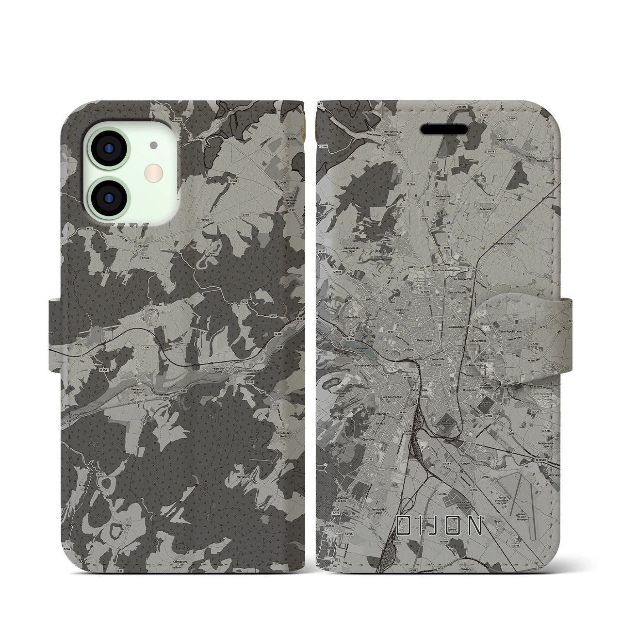 【ディジョン(フランス)】地図柄iPhoneケース(手帳タイプ)モノトーン・iPhone 12 mini 用