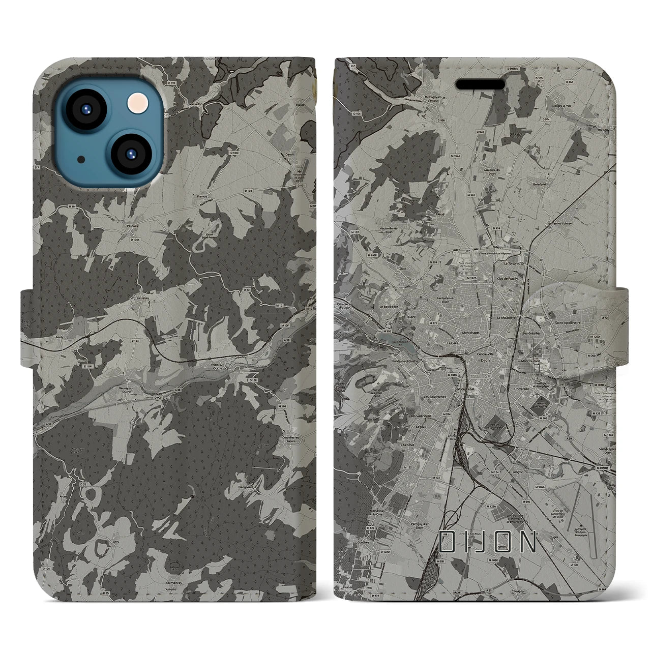【ディジョン(フランス)】地図柄iPhoneケース(手帳タイプ)モノトーン・iPhone 13 用