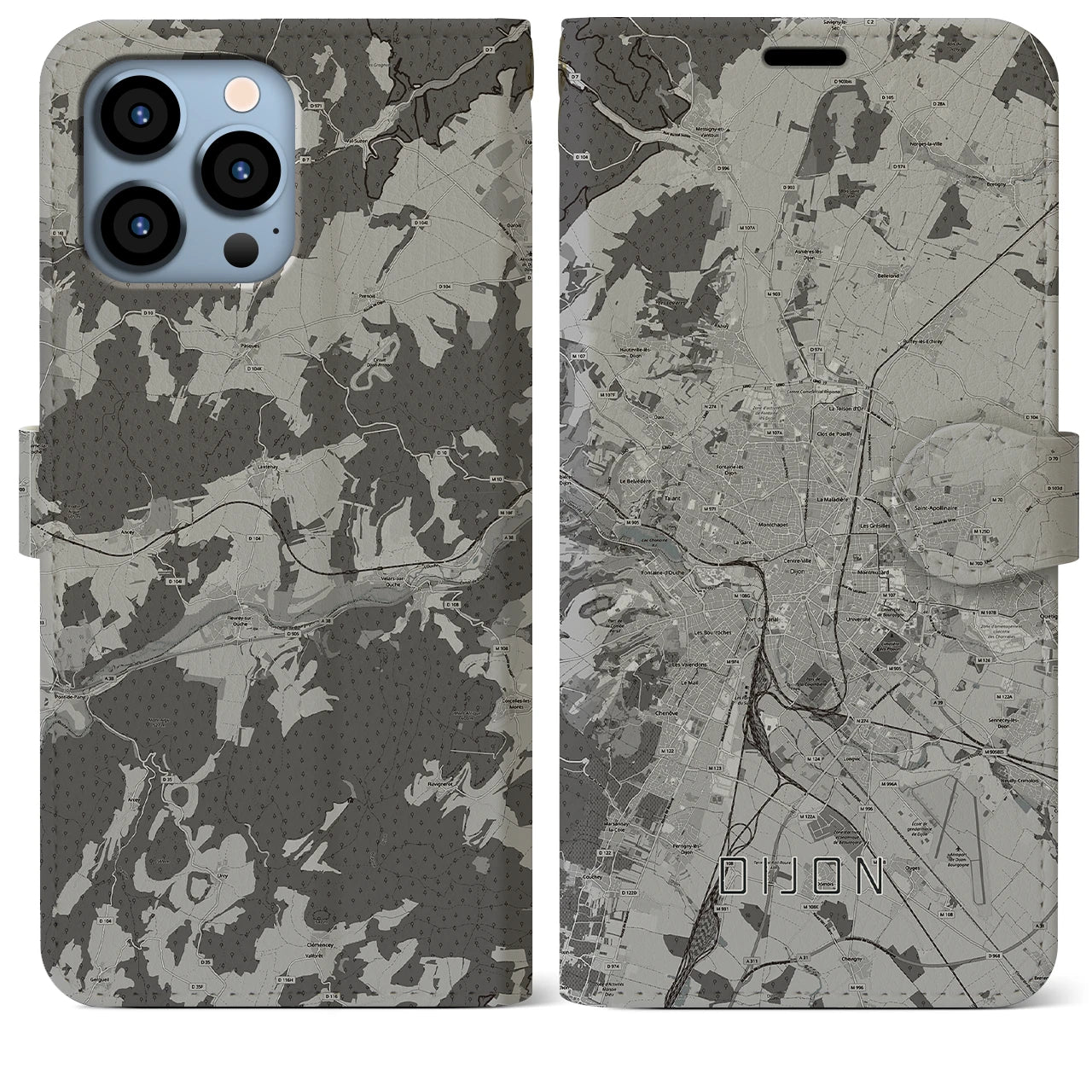 【ディジョン(フランス)】地図柄iPhoneケース(手帳タイプ)モノトーン・iPhone 13 Pro Max 用