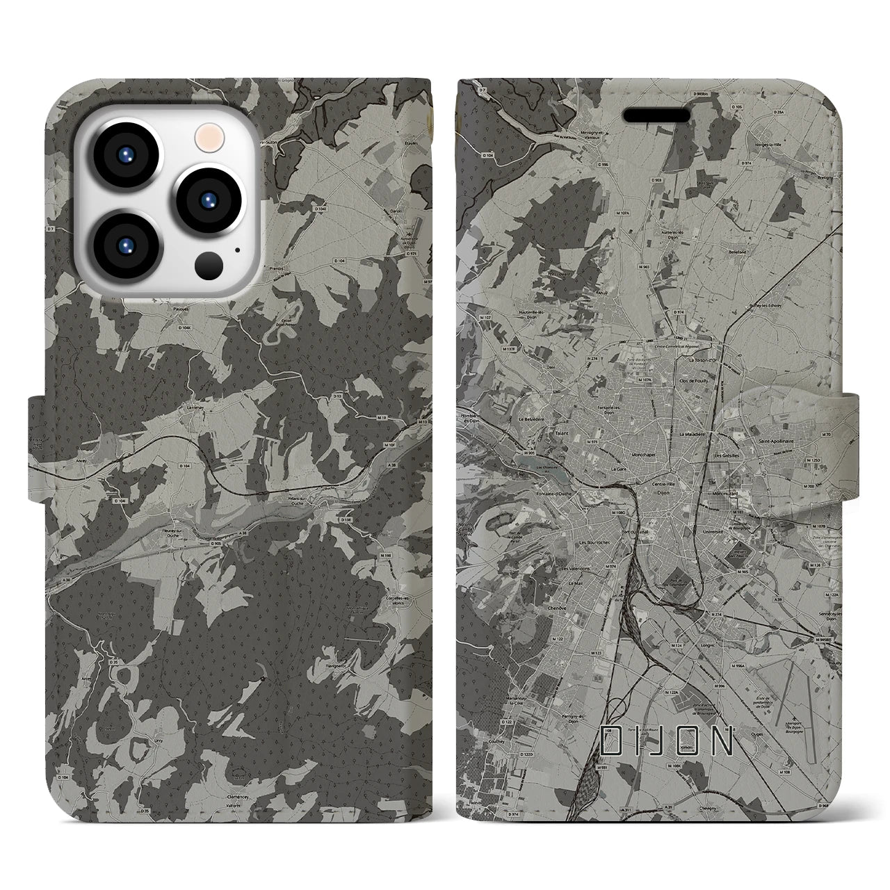 【ディジョン(フランス)】地図柄iPhoneケース(手帳タイプ)モノトーン・iPhone 13 Pro 用
