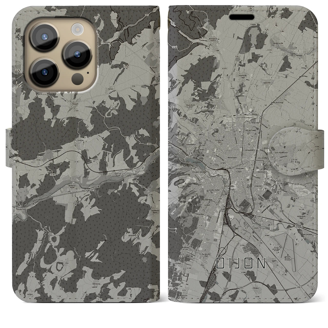 【ディジョン(フランス)】地図柄iPhoneケース(手帳タイプ)モノトーン・iPhone 14 Pro Max 用
