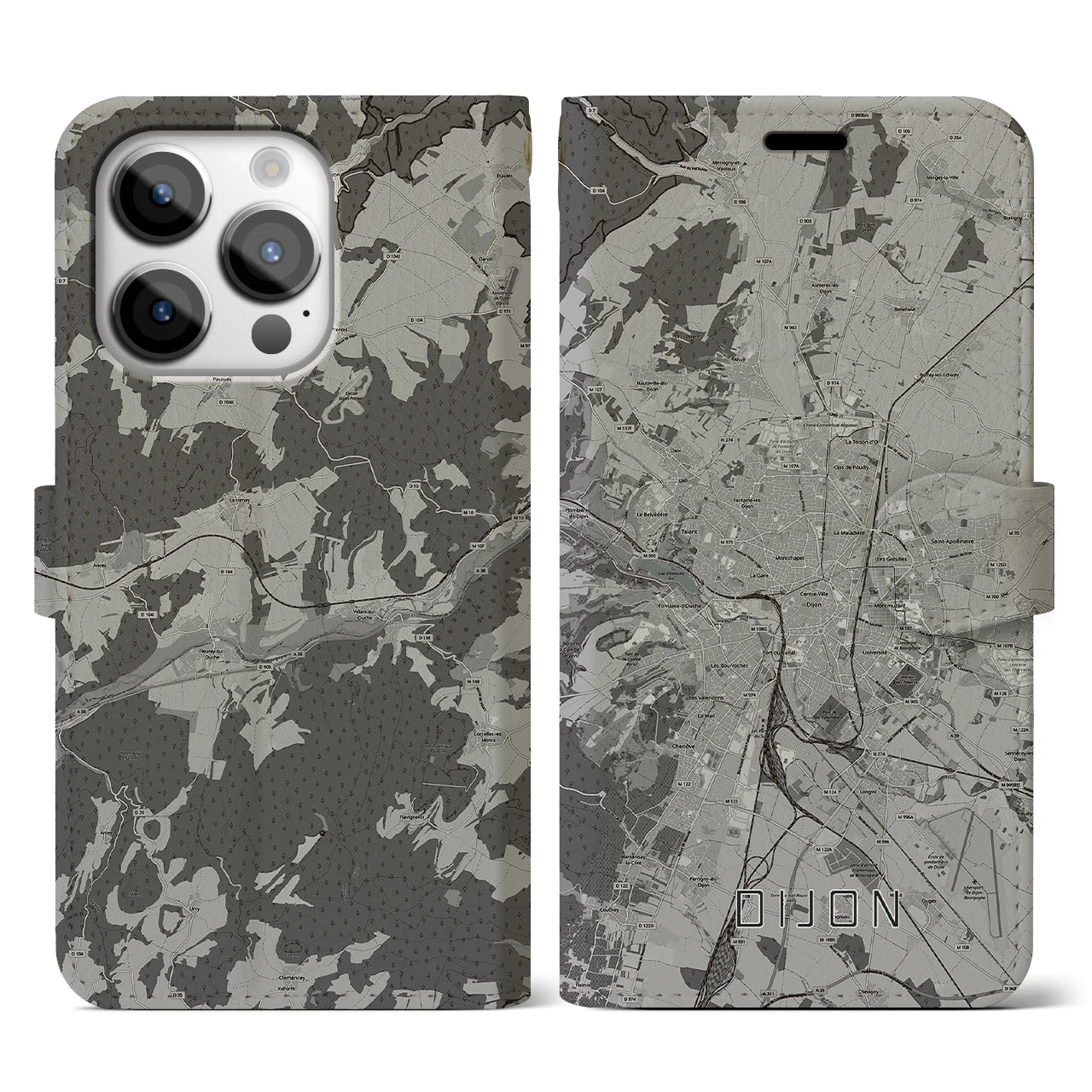 【ディジョン(フランス)】地図柄iPhoneケース(手帳タイプ)モノトーン・iPhone 14 Pro 用