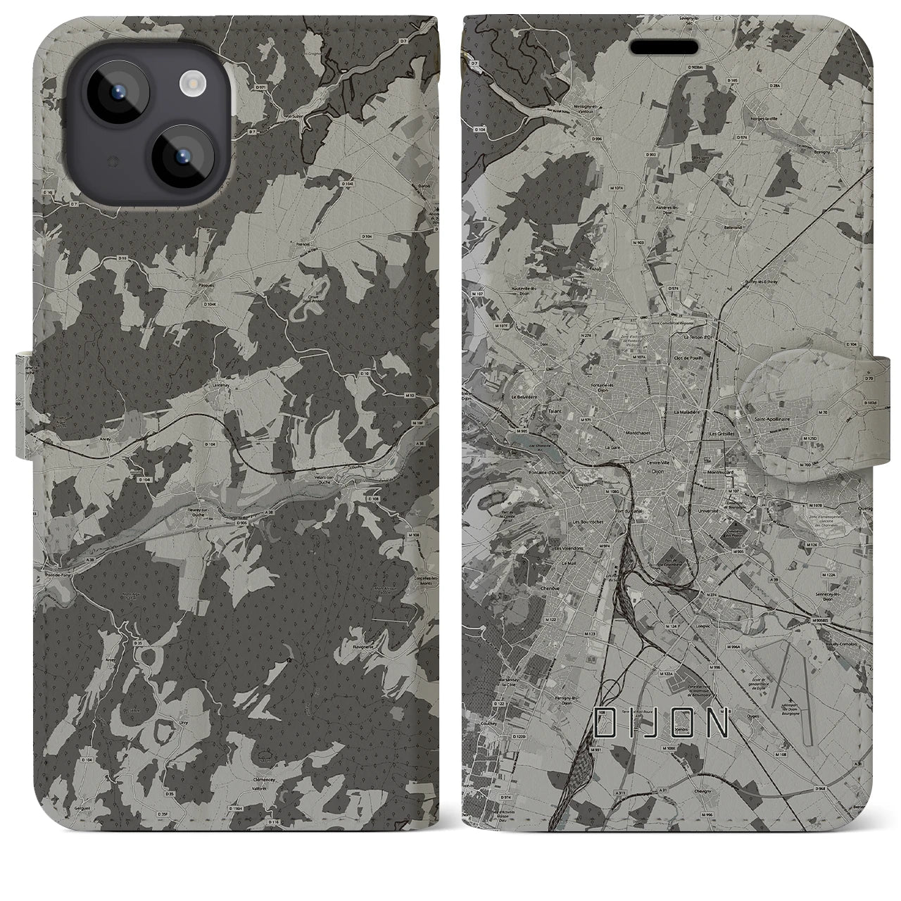 【ディジョン(フランス)】地図柄iPhoneケース(手帳タイプ)モノトーン・iPhone 14 Plus 用