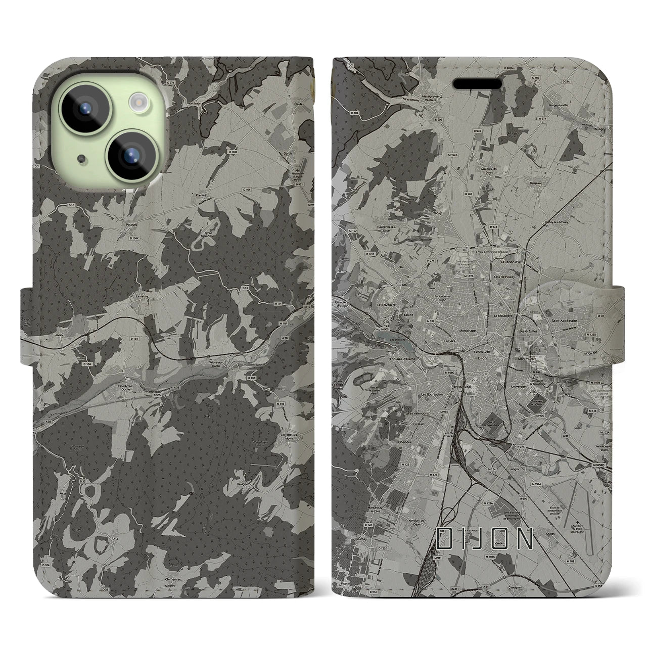 【ディジョン(フランス)】地図柄iPhoneケース(手帳タイプ)モノトーン・iPhone 15 用
