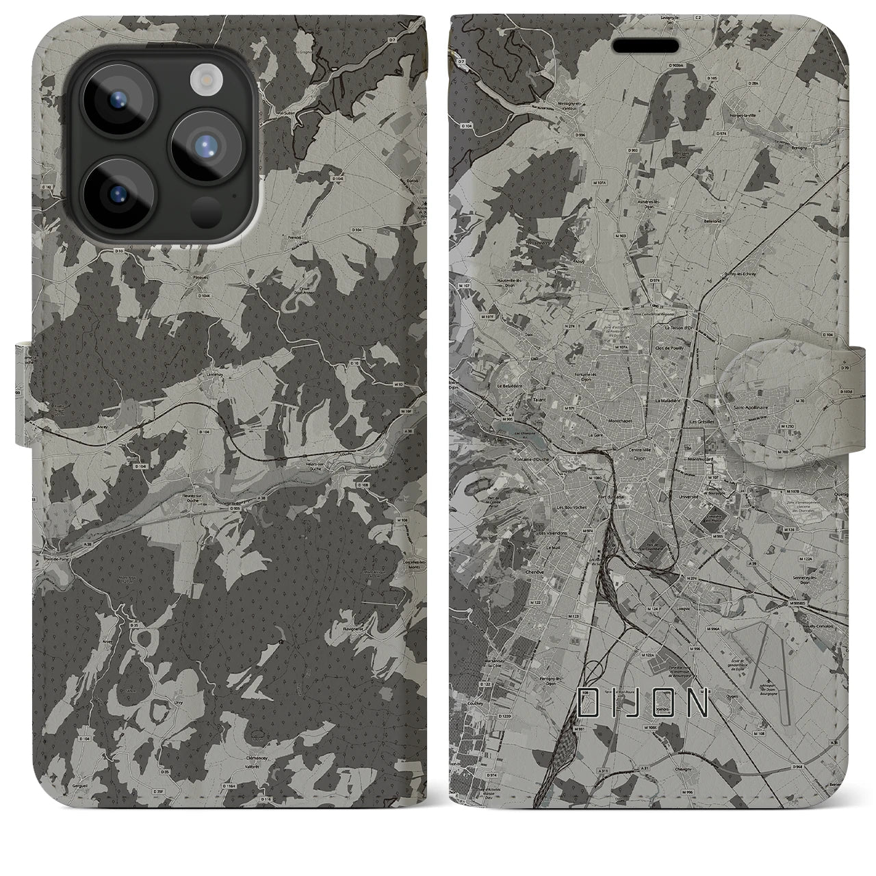 【ディジョン(フランス)】地図柄iPhoneケース(手帳タイプ)モノトーン・iPhone 15 Pro Max 用