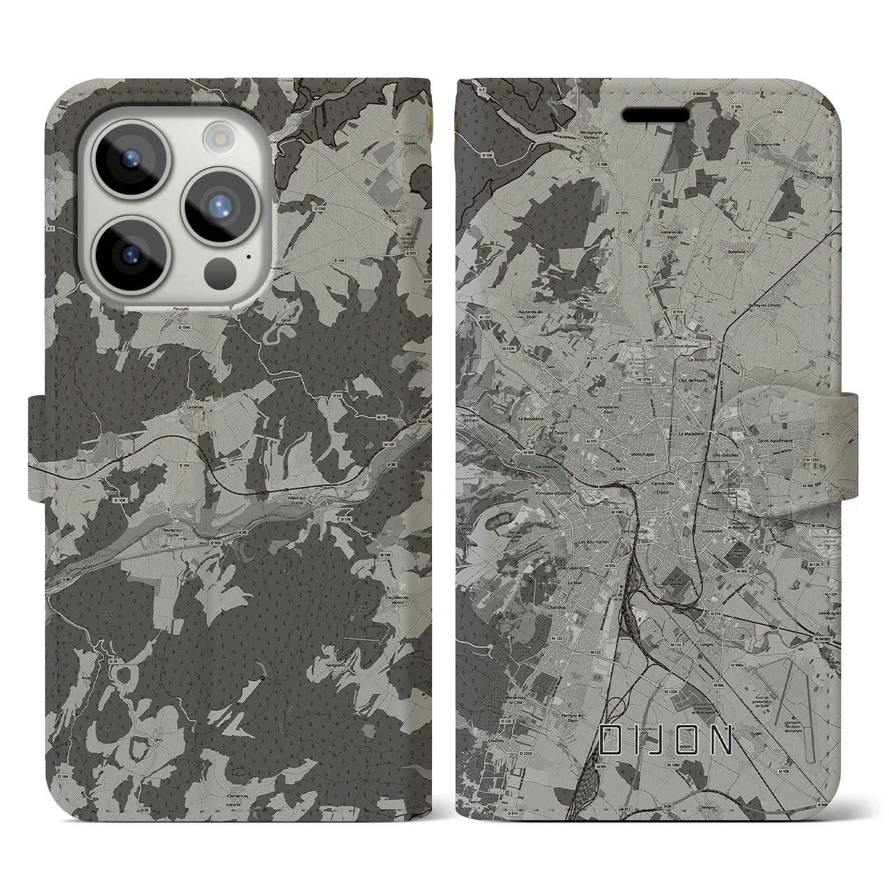 【ディジョン(フランス)】地図柄iPhoneケース(手帳タイプ)モノトーン・iPhone 15 Pro 用