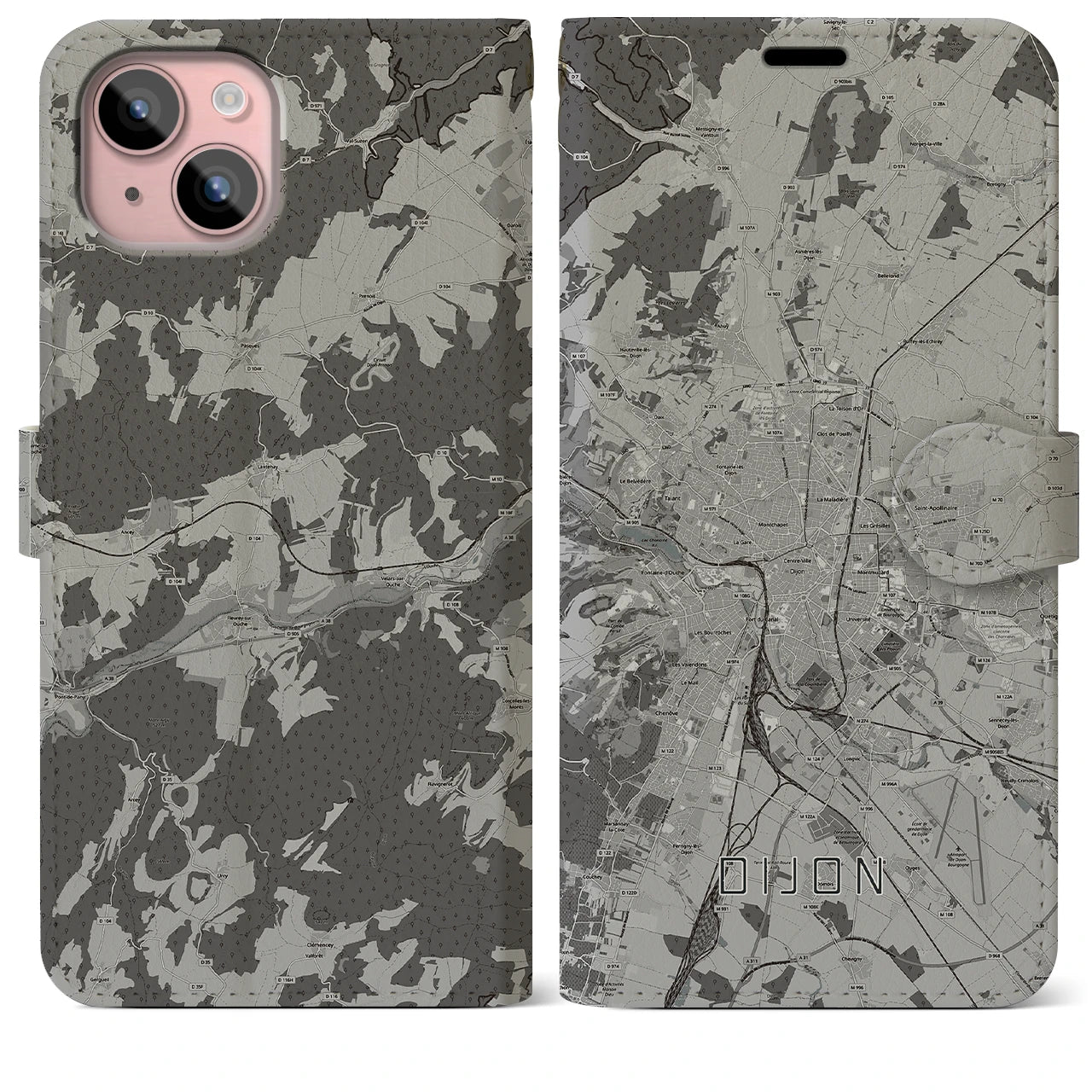 【ディジョン(フランス)】地図柄iPhoneケース(手帳タイプ)モノトーン・iPhone 15 Plus 用