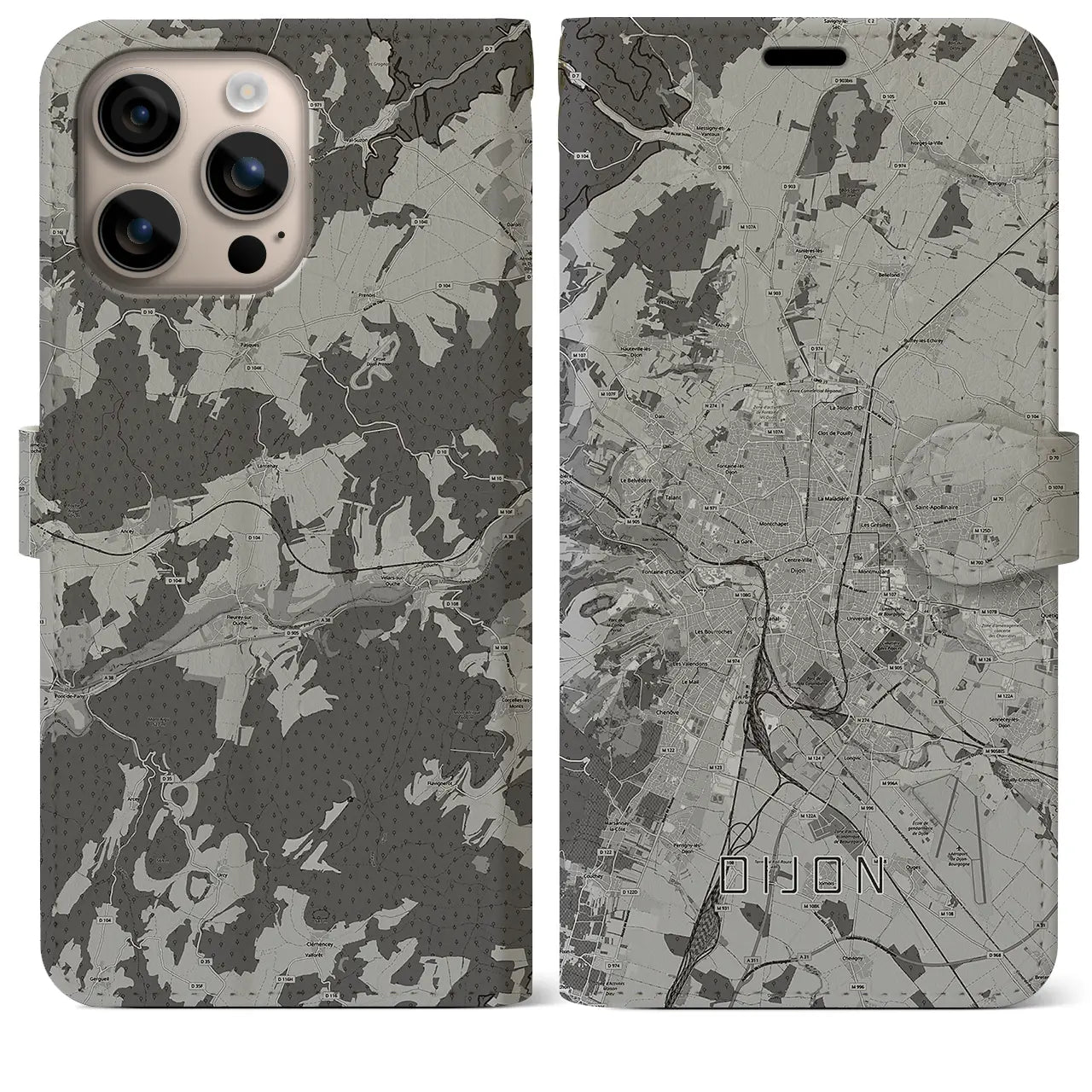 【ディジョン(フランス)】地図柄iPhoneケース(手帳タイプ)モノトーン・iPhone 16 Plus 用