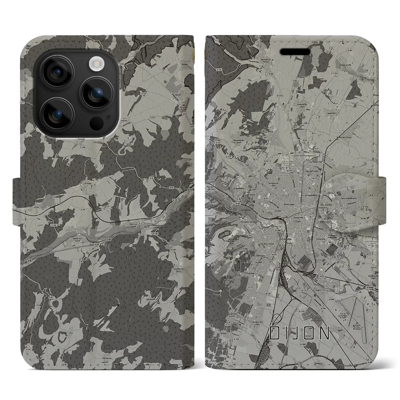 【ディジョン(フランス)】地図柄iPhoneケース(手帳タイプ)モノトーン・iPhone 16 用