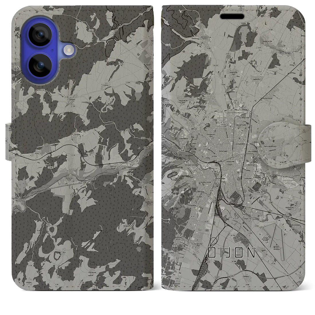 【ディジョン(フランス)】地図柄iPhoneケース(手帳タイプ)モノトーン・iPhone 16 Pro Max 用