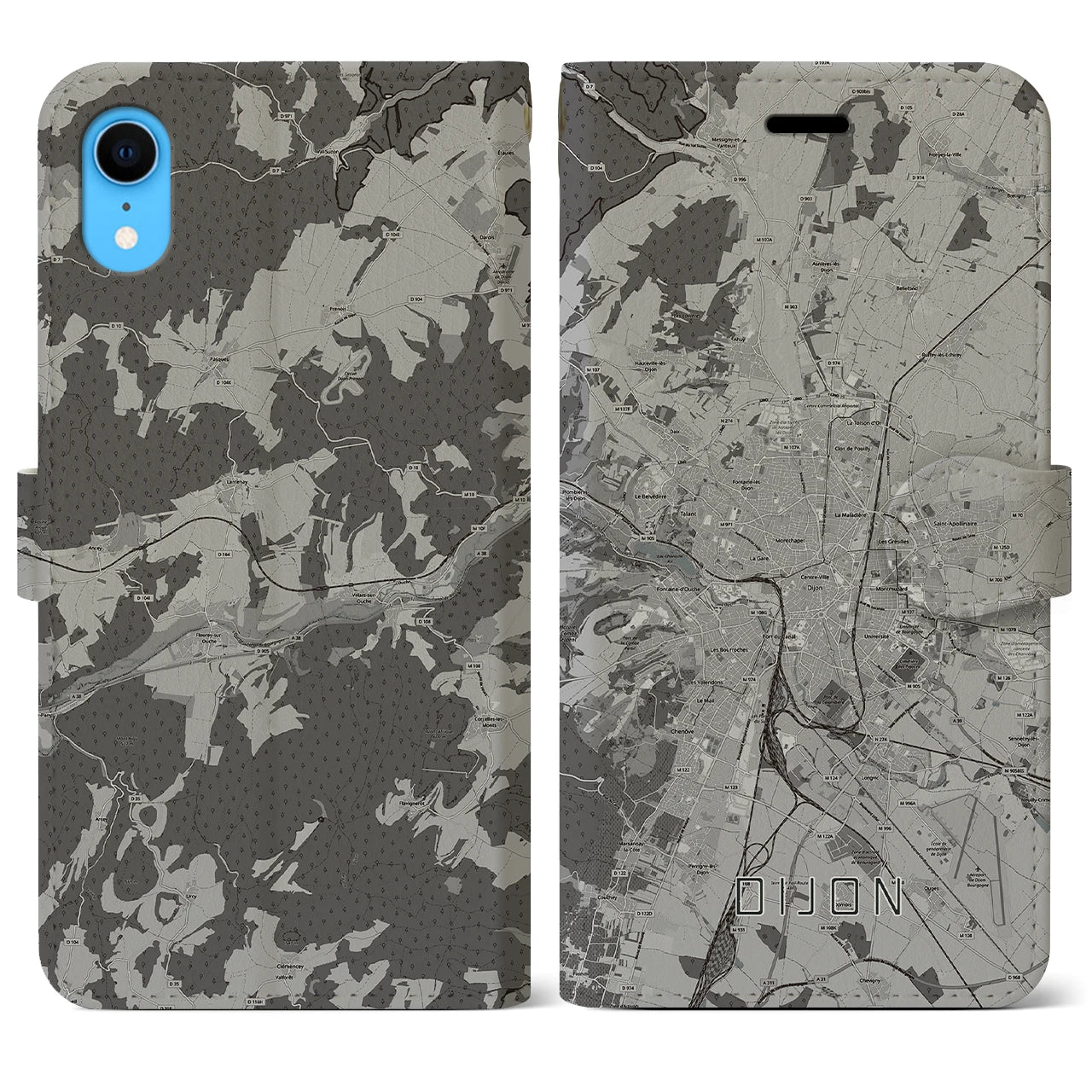 【ディジョン(フランス)】地図柄iPhoneケース(手帳タイプ)モノトーン・iPhone XR 用
