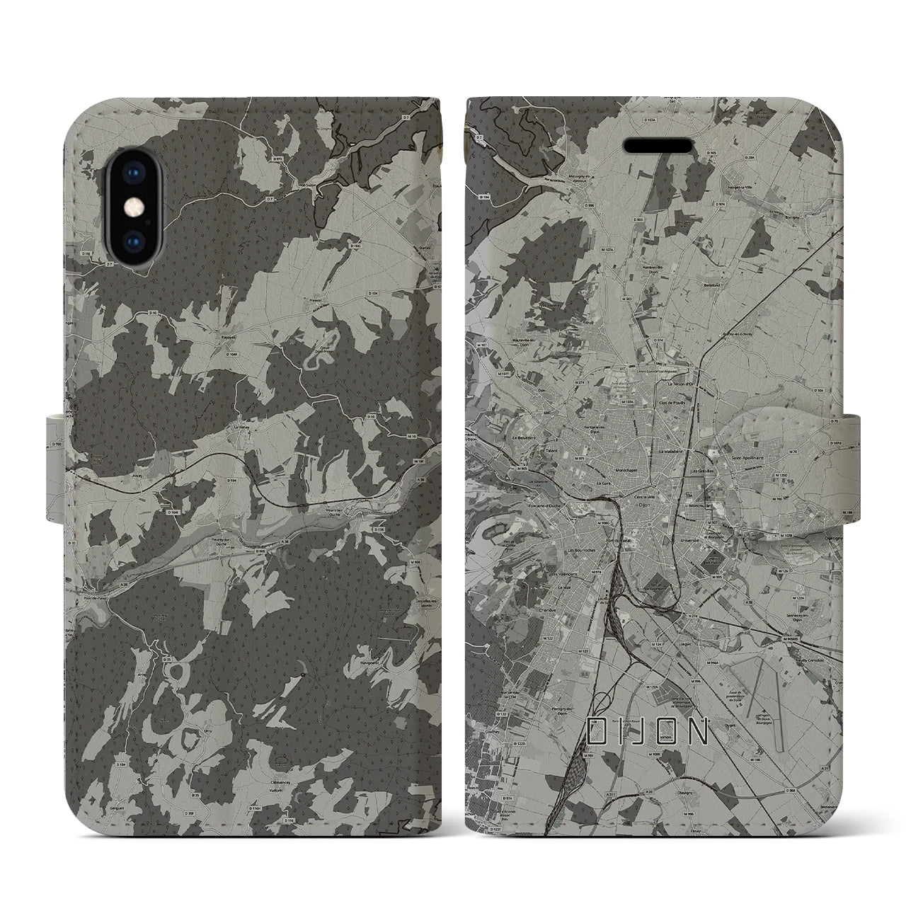 【ディジョン(フランス)】地図柄iPhoneケース(手帳タイプ)モノトーン・iPhone XS / X 用