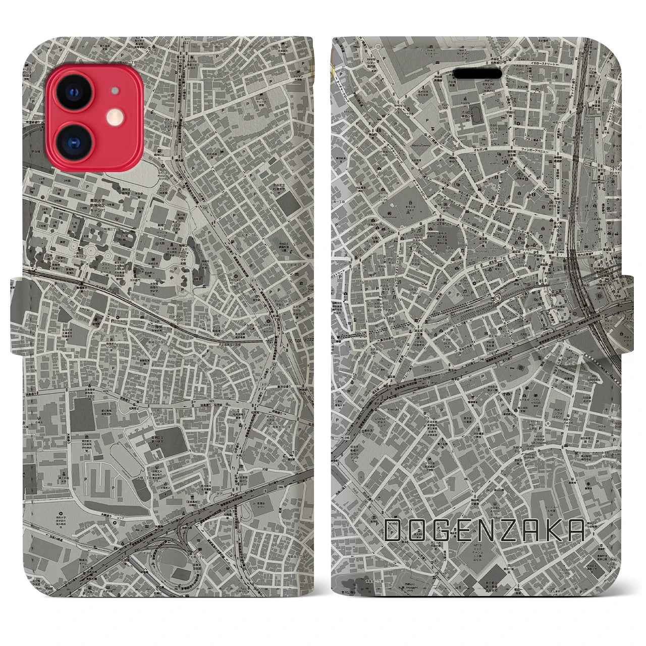 【道玄坂(東京都)】地図柄iPhoneケース(手帳タイプ)モノトーン・iPhone 11 用