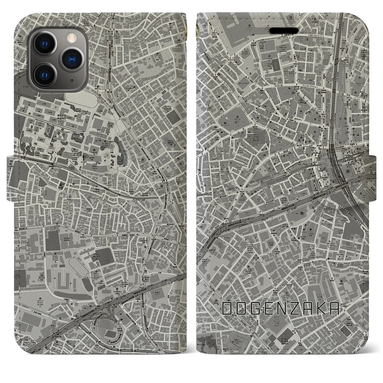 【道玄坂(東京都)】地図柄iPhoneケース(手帳タイプ)モノトーン・iPhone 11 Pro Max 用