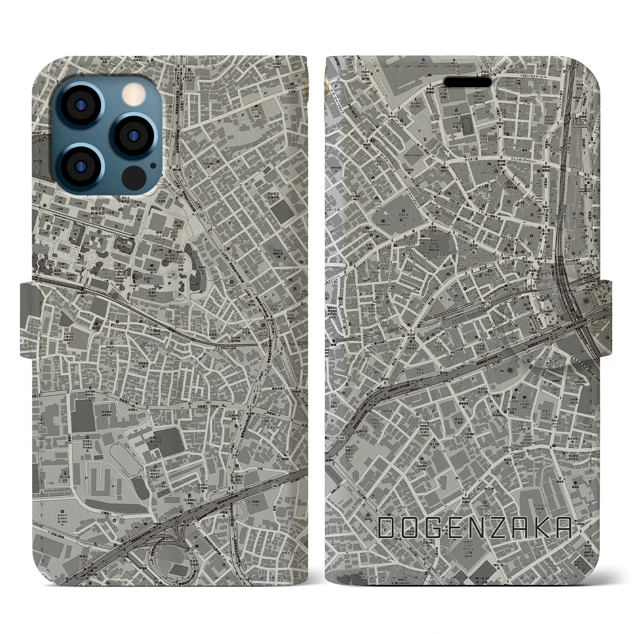 【道玄坂(東京都)】地図柄iPhoneケース(手帳タイプ)モノトーン・iPhone 12 / 12 Pro 用