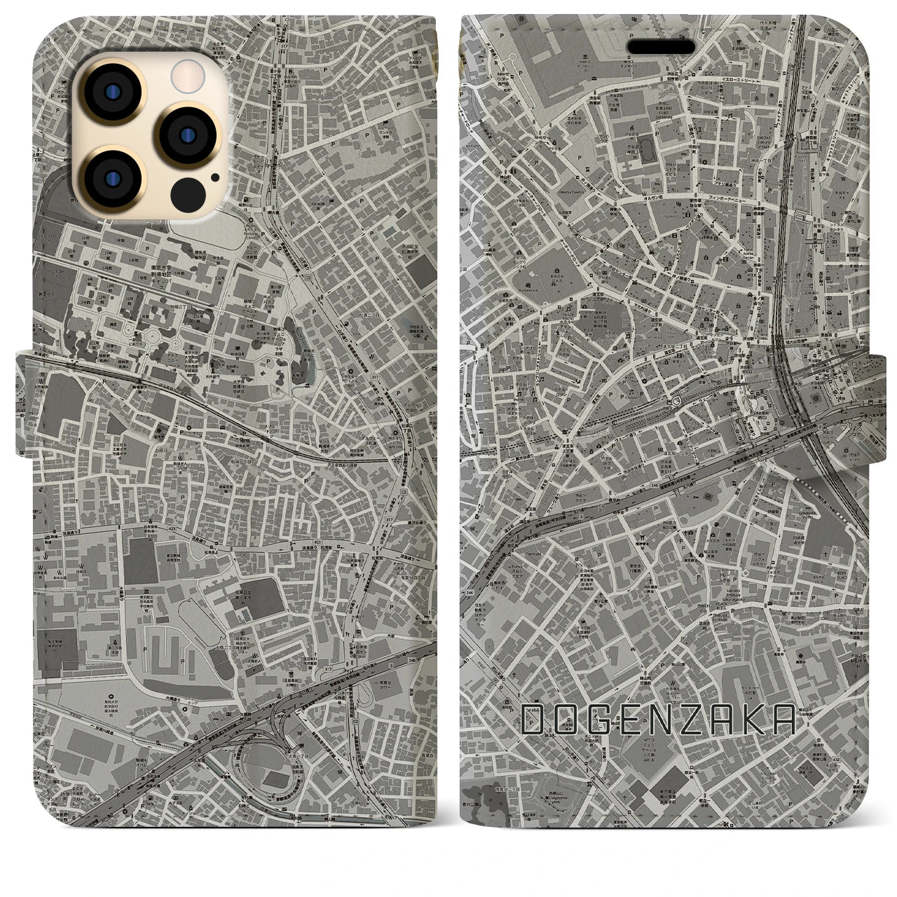 【道玄坂(東京都)】地図柄iPhoneケース(手帳タイプ)モノトーン・iPhone 12 Pro Max 用