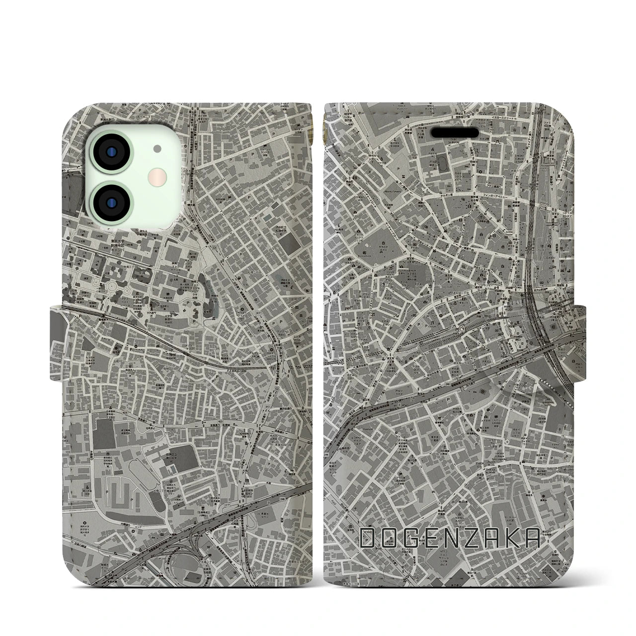 【道玄坂(東京都)】地図柄iPhoneケース(手帳タイプ)モノトーン・iPhone 12 mini 用