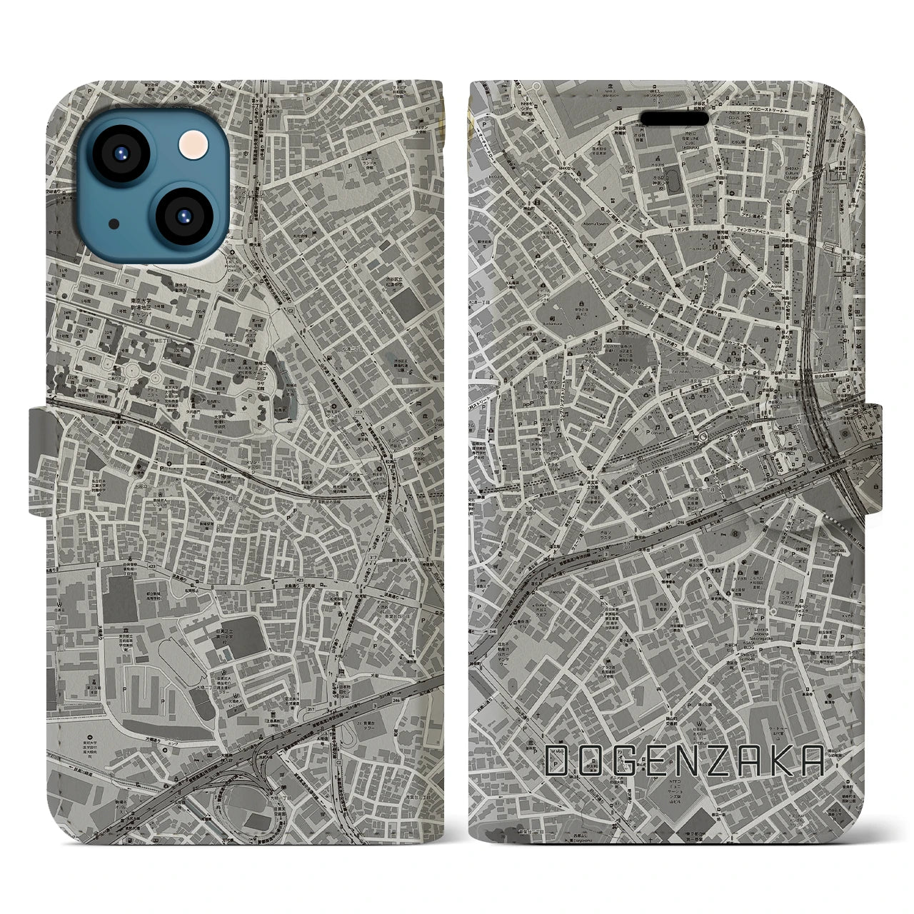 【道玄坂(東京都)】地図柄iPhoneケース(手帳タイプ)モノトーン・iPhone 13 用