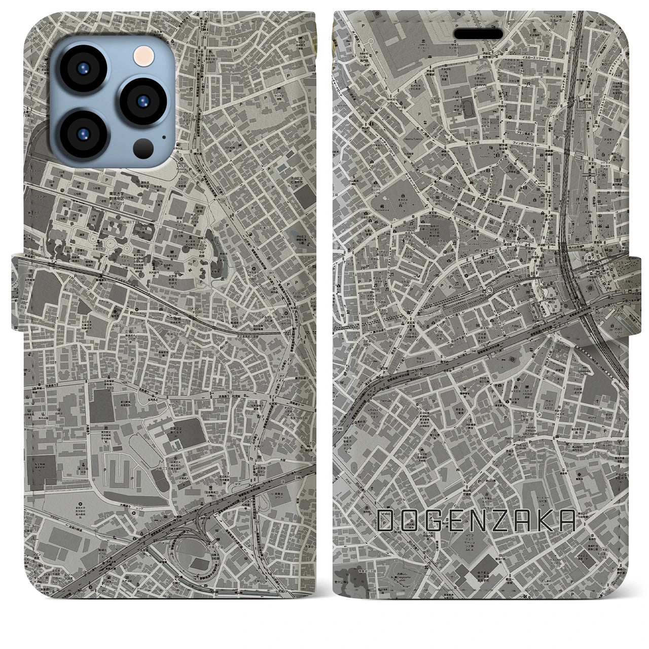 【道玄坂(東京都)】地図柄iPhoneケース(手帳タイプ)モノトーン・iPhone 13 Pro Max 用