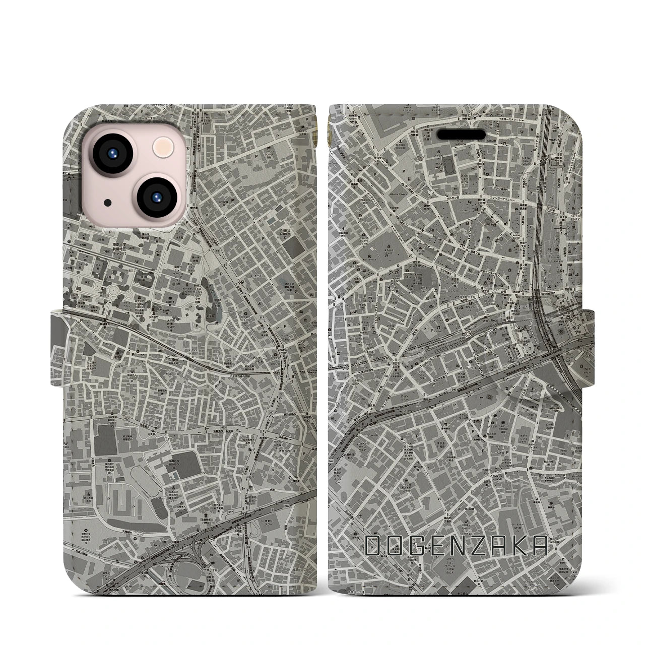 【道玄坂(東京都)】地図柄iPhoneケース(手帳タイプ)モノトーン・iPhone 13 mini 用