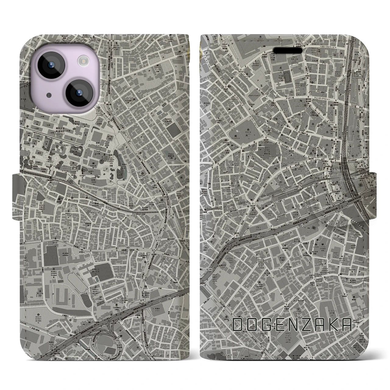 【道玄坂(東京都)】地図柄iPhoneケース(手帳タイプ)モノトーン・iPhone 14 用