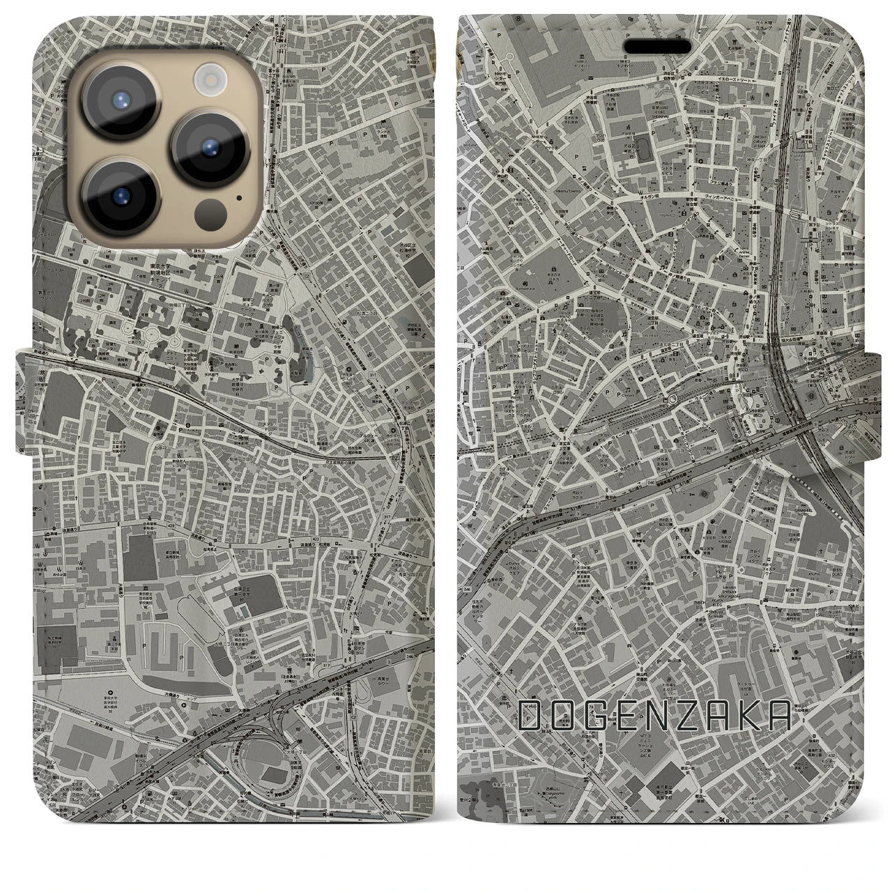 【道玄坂(東京都)】地図柄iPhoneケース(手帳タイプ)モノトーン・iPhone 14 Pro Max 用