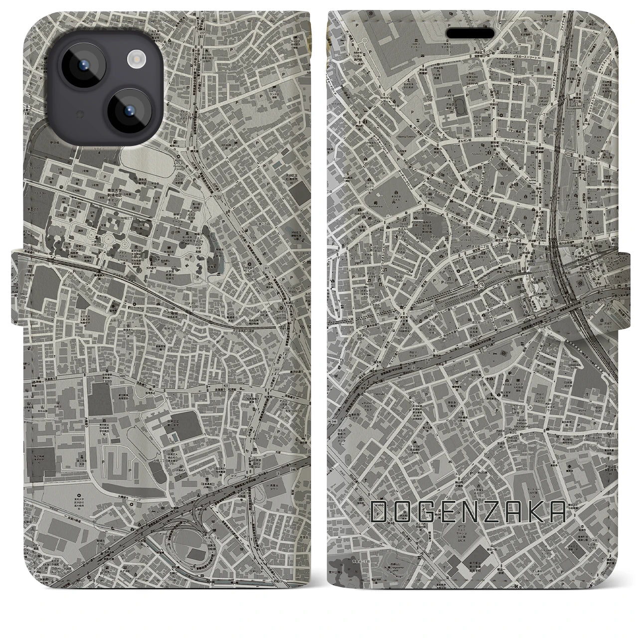 【道玄坂(東京都)】地図柄iPhoneケース(手帳タイプ)モノトーン・iPhone 14 Plus 用