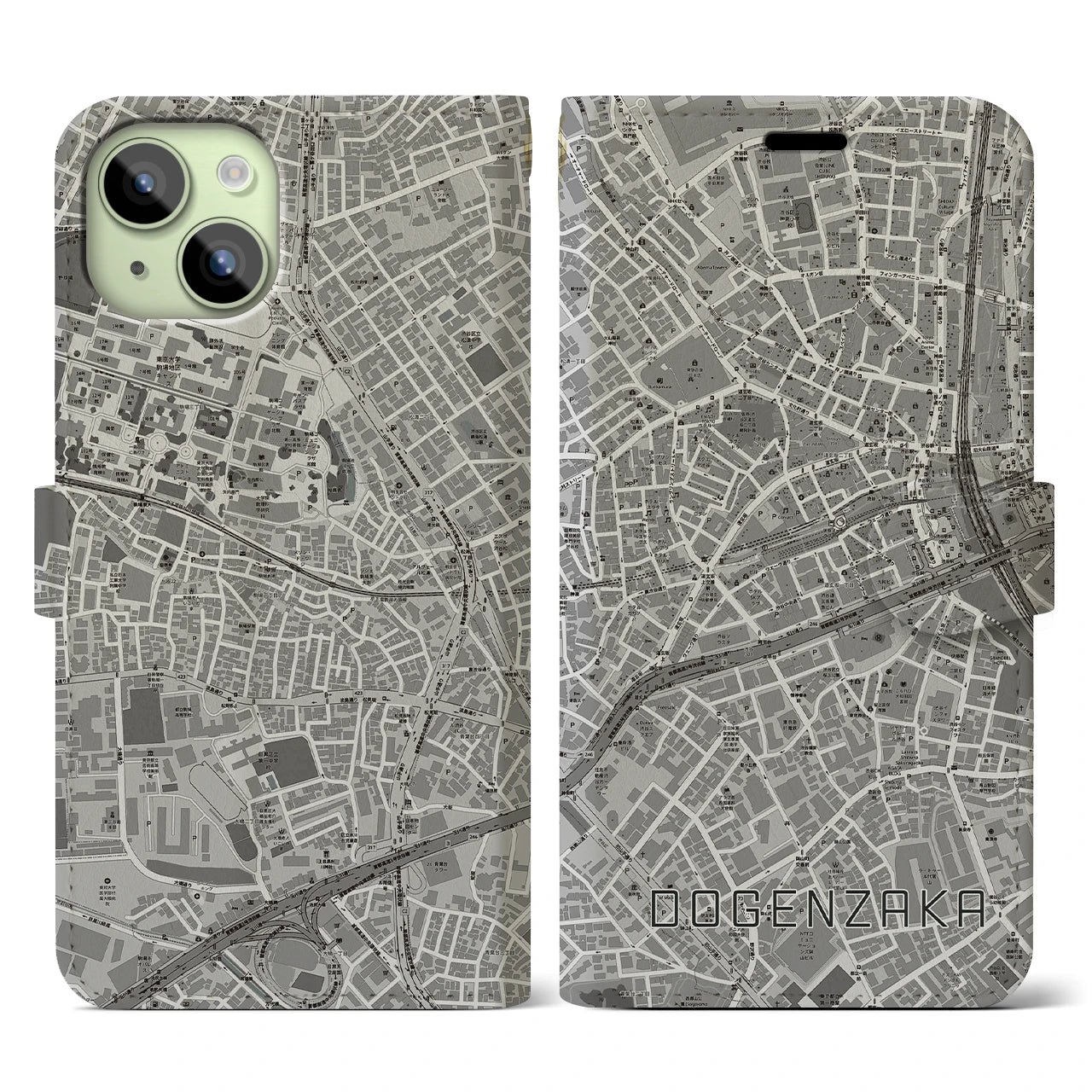 【道玄坂(東京都)】地図柄iPhoneケース(手帳タイプ)モノトーン・iPhone 15 用