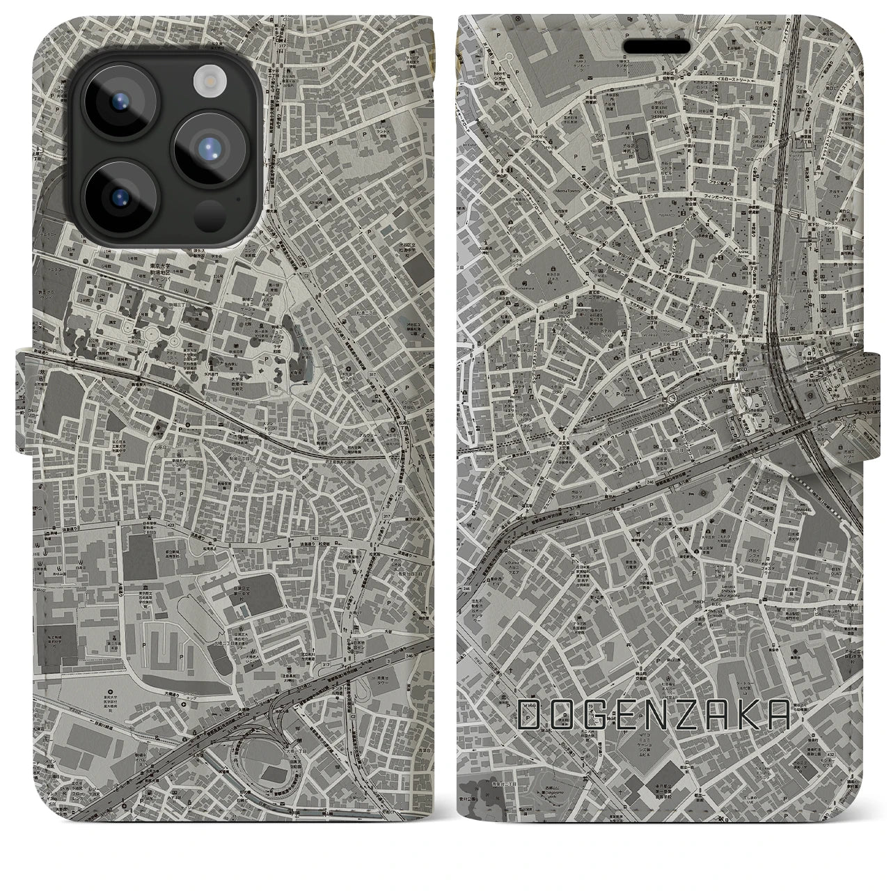 【道玄坂(東京都)】地図柄iPhoneケース(手帳タイプ)モノトーン・iPhone 15 Pro Max 用