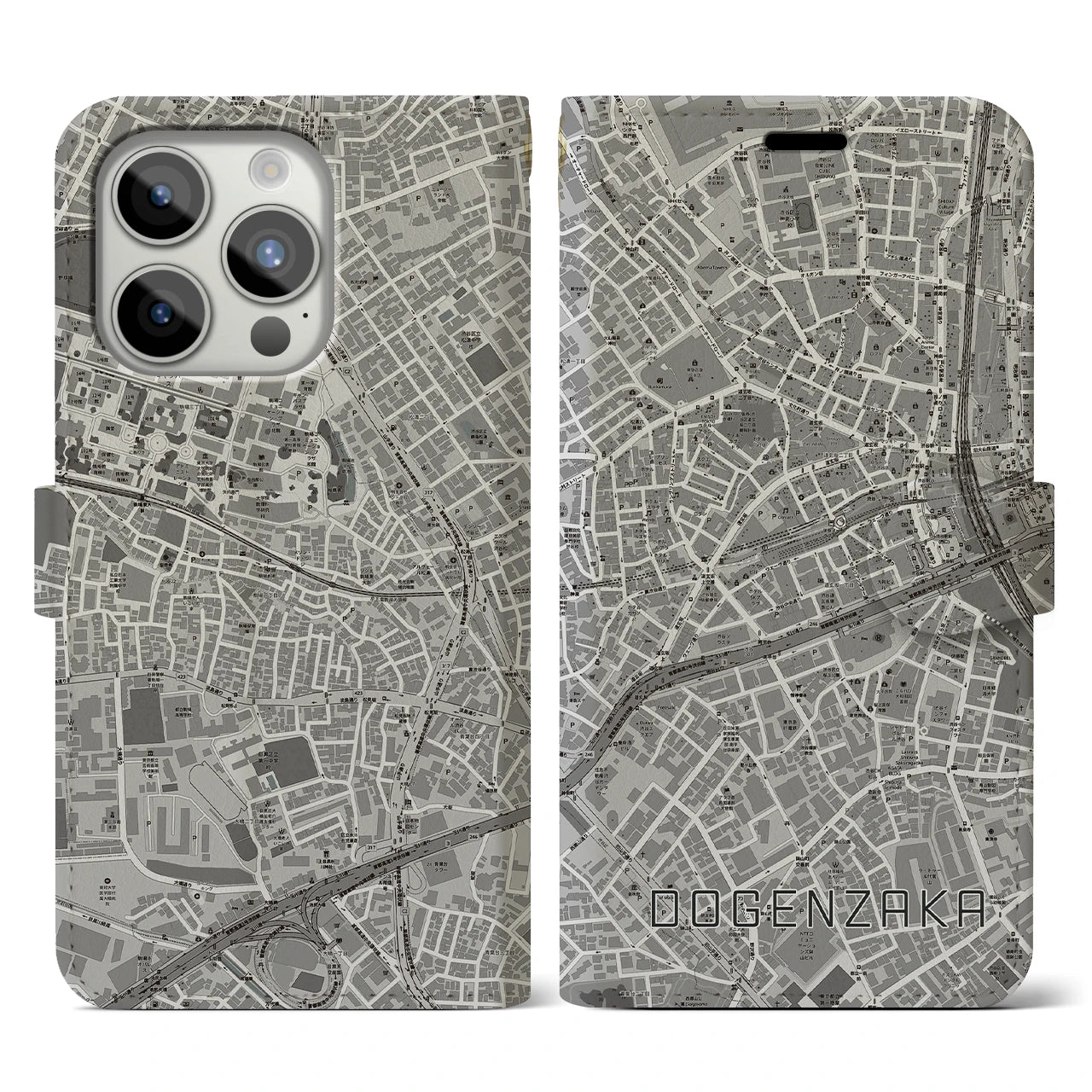 【道玄坂(東京都)】地図柄iPhoneケース(手帳タイプ)モノトーン・iPhone 15 Pro 用