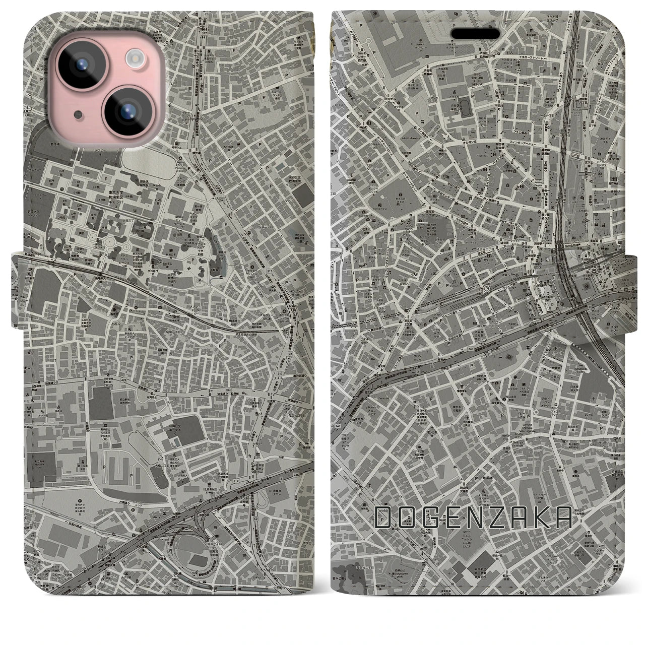 【道玄坂(東京都)】地図柄iPhoneケース(手帳タイプ)モノトーン・iPhone 15 Plus 用
