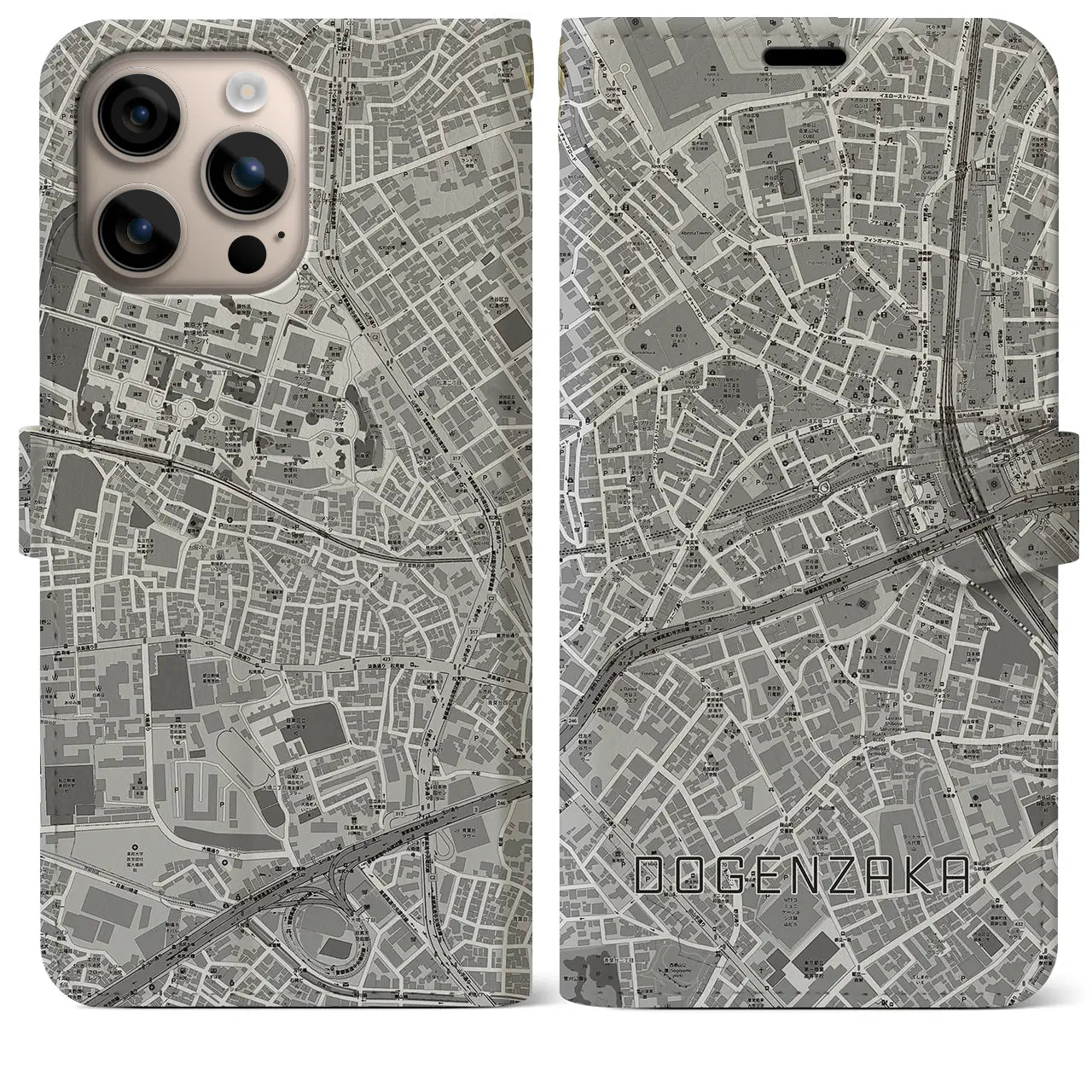 【道玄坂(東京都)】地図柄iPhoneケース(手帳タイプ)モノトーン・iPhone 16 Plus 用