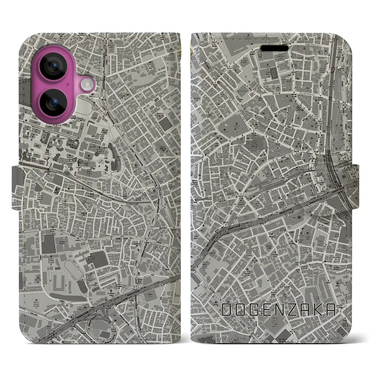 【道玄坂(東京都)】地図柄iPhoneケース(手帳タイプ)モノトーン・iPhone 16 Pro 用