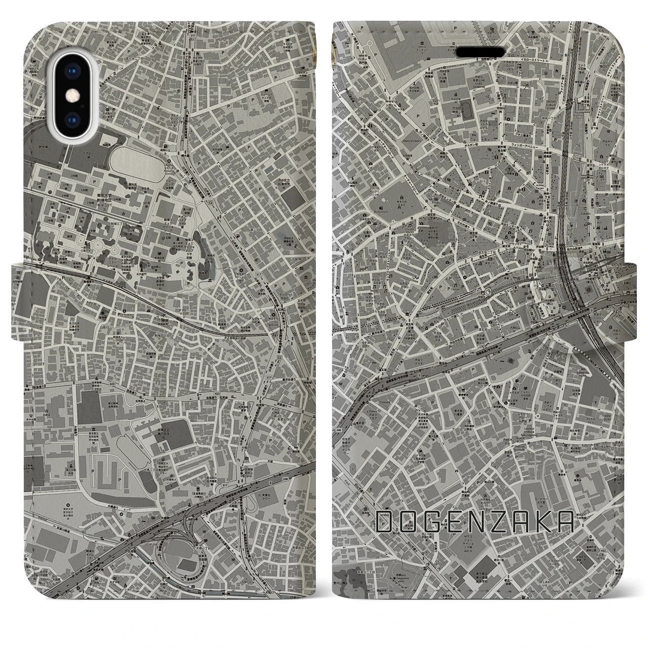 【道玄坂(東京都)】地図柄iPhoneケース(手帳タイプ)モノトーン・iPhone XS Max 用