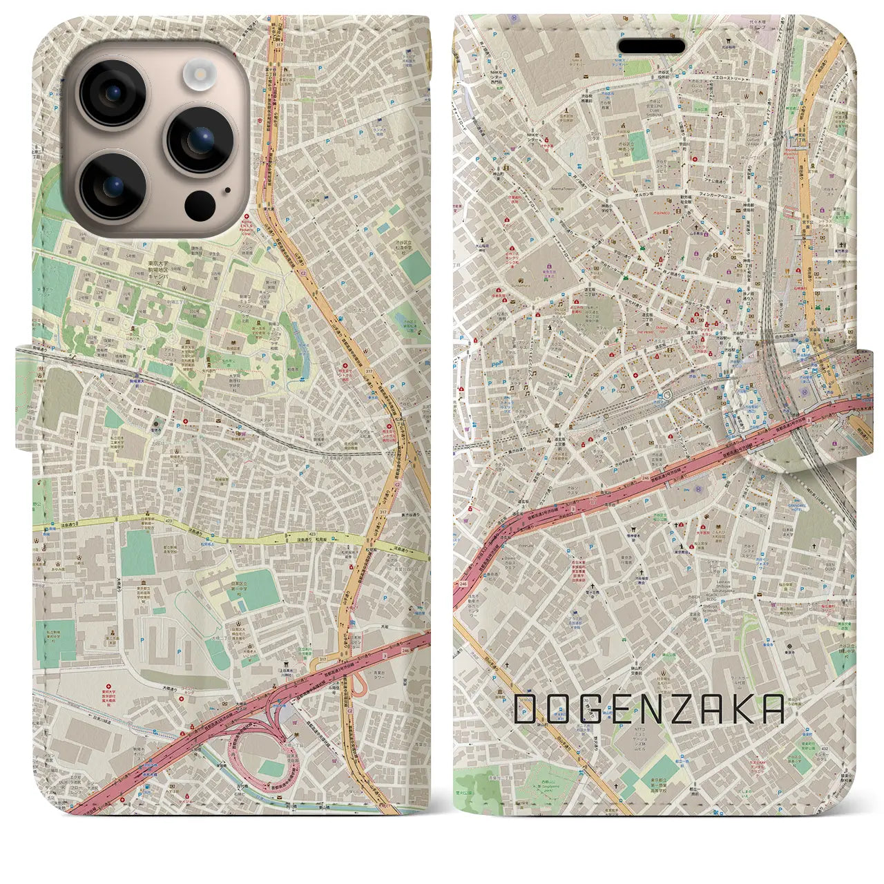 【道玄坂(東京都)】地図柄iPhoneケース(手帳タイプ)ナチュラル・iPhone 16 Plus 用