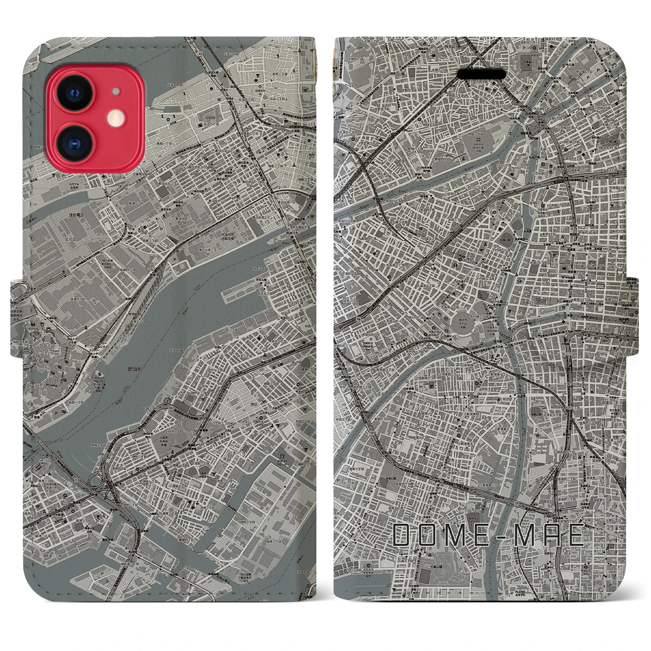 【ドーム前(大阪府)】地図柄iPhoneケース(手帳タイプ)モノトーン・iPhone 11 用