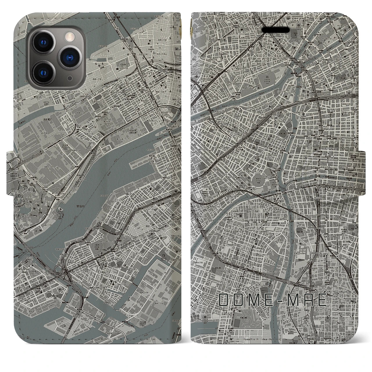 【ドーム前(大阪府)】地図柄iPhoneケース(手帳タイプ)モノトーン・iPhone 11 Pro Max 用