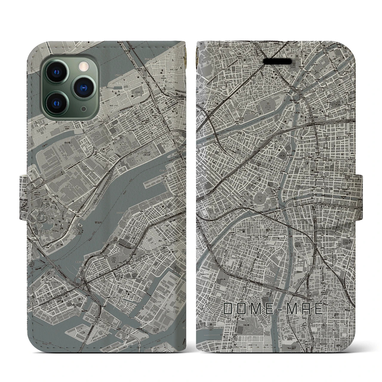 【ドーム前(大阪府)】地図柄iPhoneケース(手帳タイプ)モノトーン・iPhone 11 Pro 用
