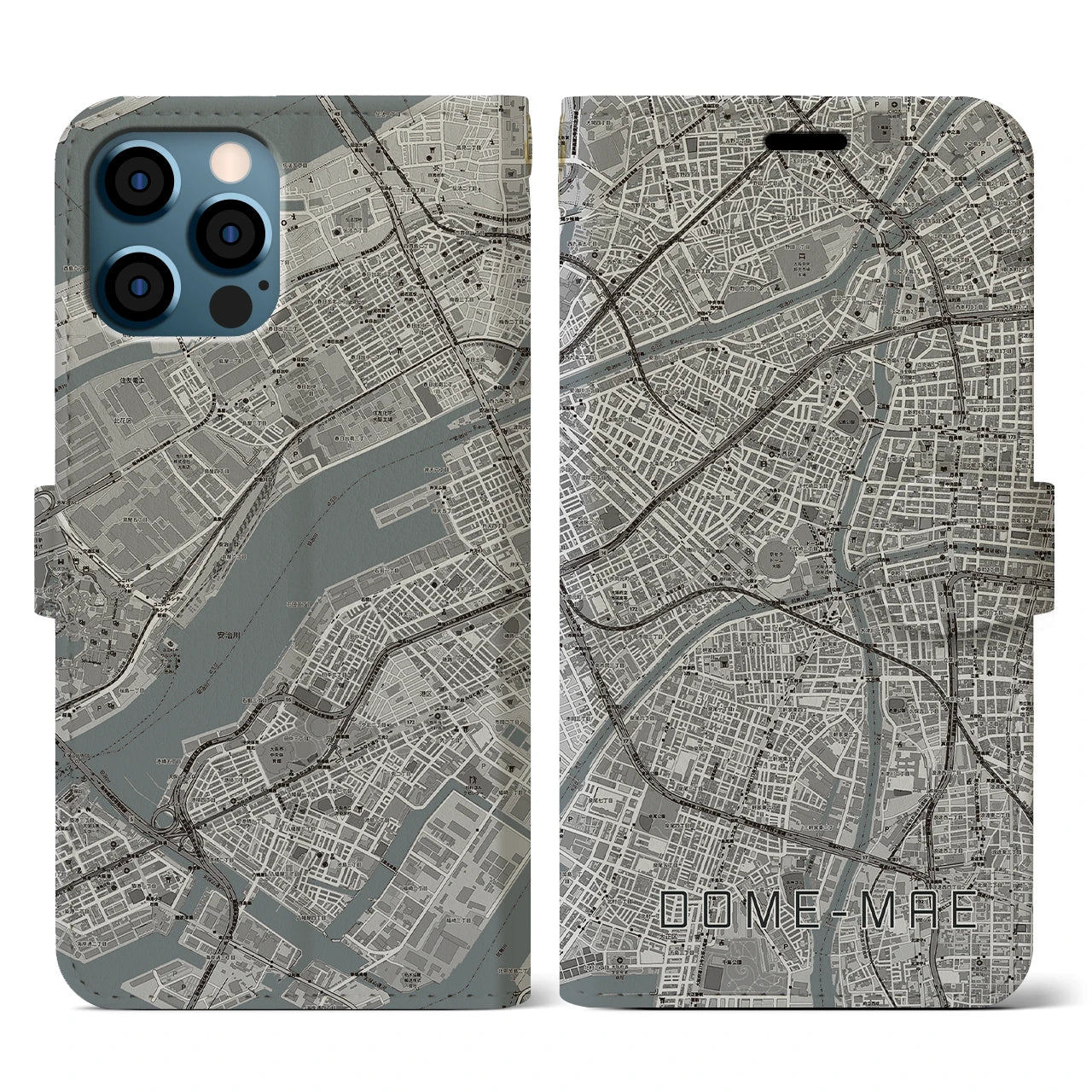 【ドーム前(大阪府)】地図柄iPhoneケース(手帳タイプ)モノトーン・iPhone 12 / 12 Pro 用