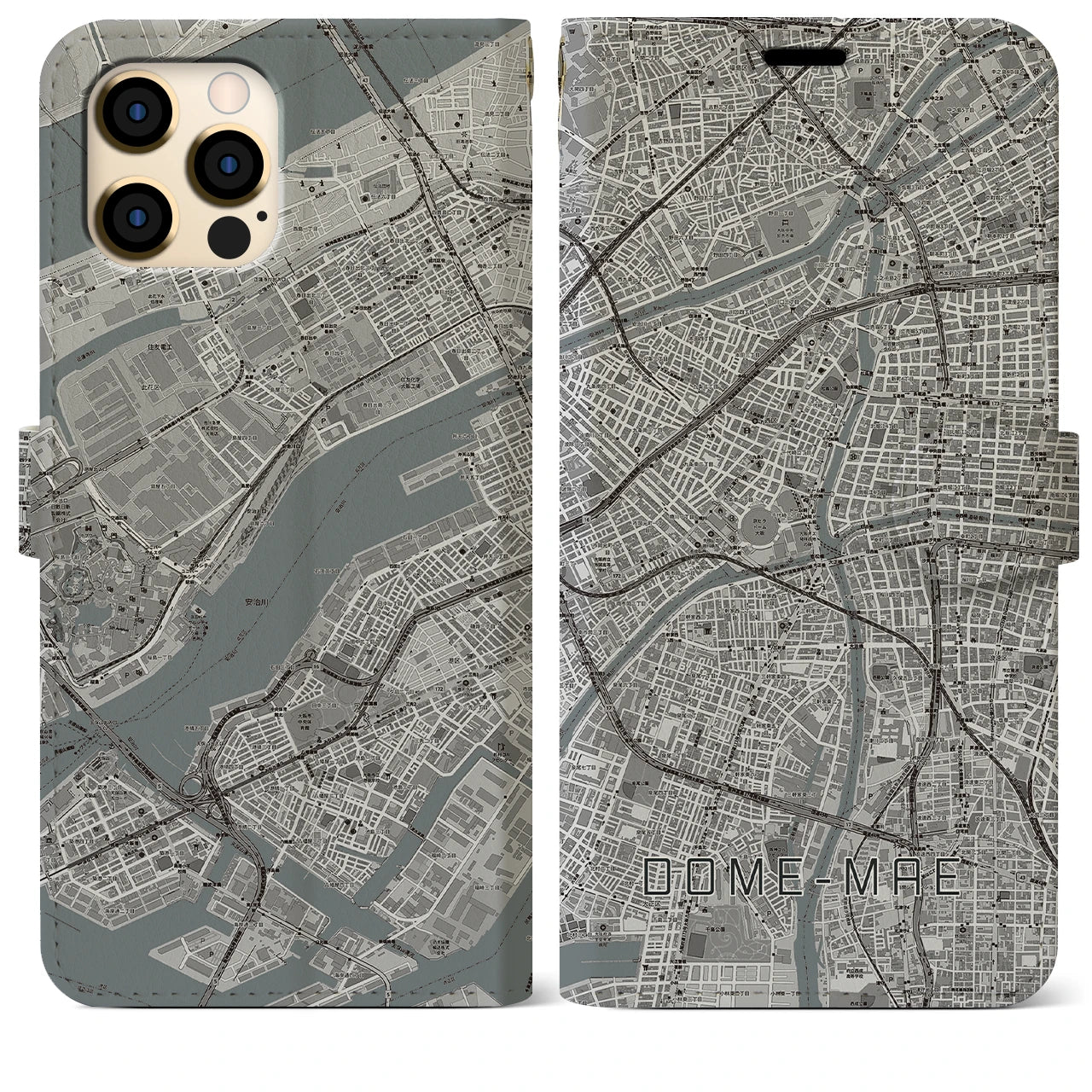 【ドーム前(大阪府)】地図柄iPhoneケース(手帳タイプ)モノトーン・iPhone 12 Pro Max 用